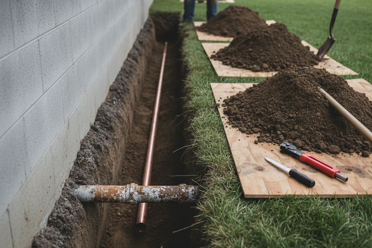 Excavated water line trench during Water Heater Repair in Darragh